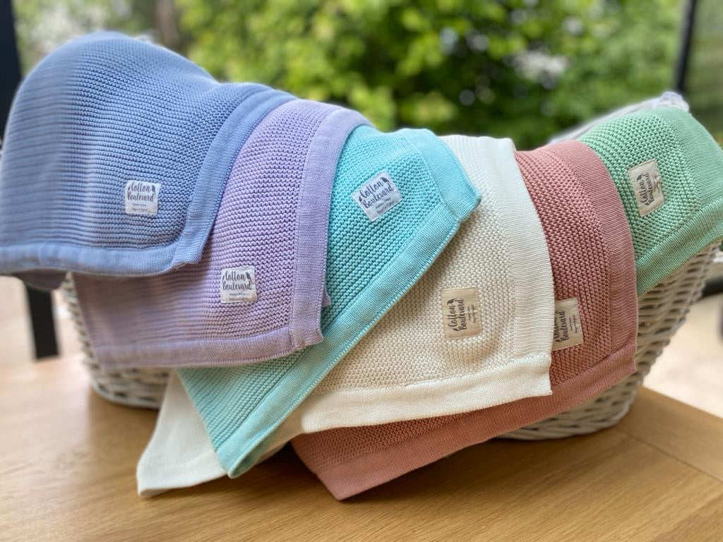 Organic Cotton Knitted Baby Blankets – Available in Six Colours: Misty Blue, Sage Green, White, Lavender, Dusty Pink, Aqua
