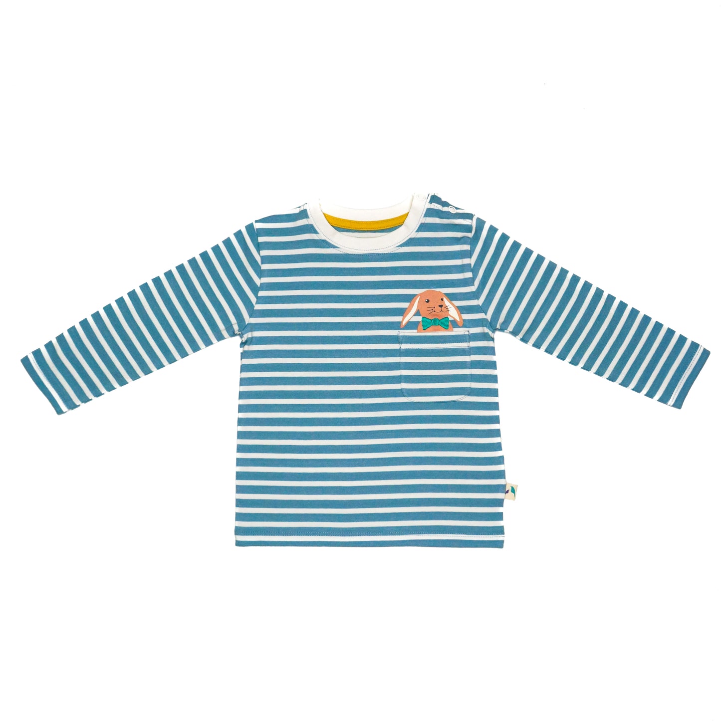 Pure Organic Cotton Blue Stripe Rabbit Pocket Long Sleeved T-Shirt