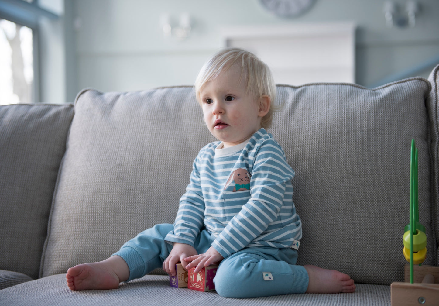 Pure Organic Cotton Blue Stripe Rabbit Pocket Long Sleeved T-Shirt