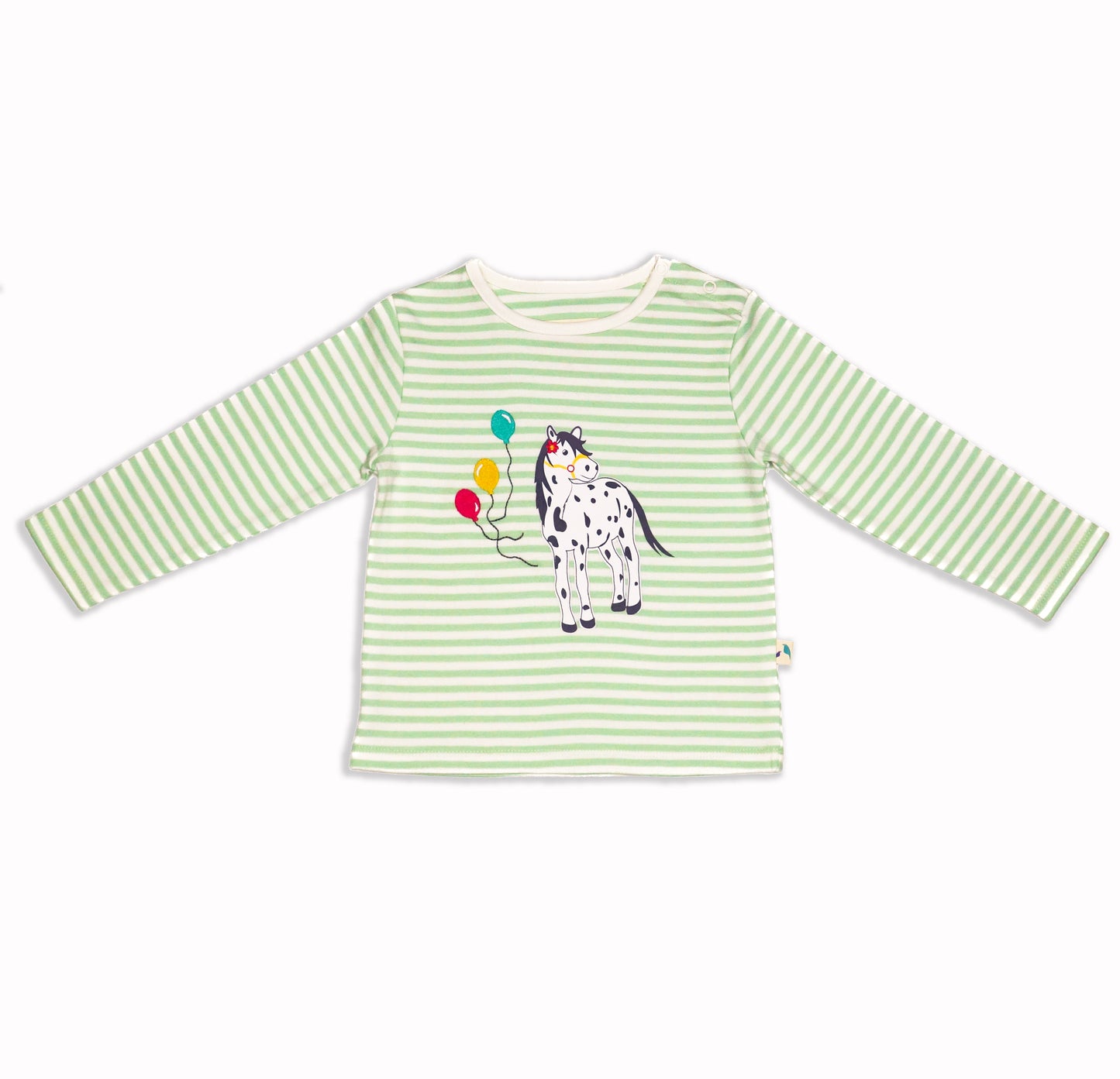 Pure Organic Cotton Green Striped Horse Motif Long Sleeved T Shirt